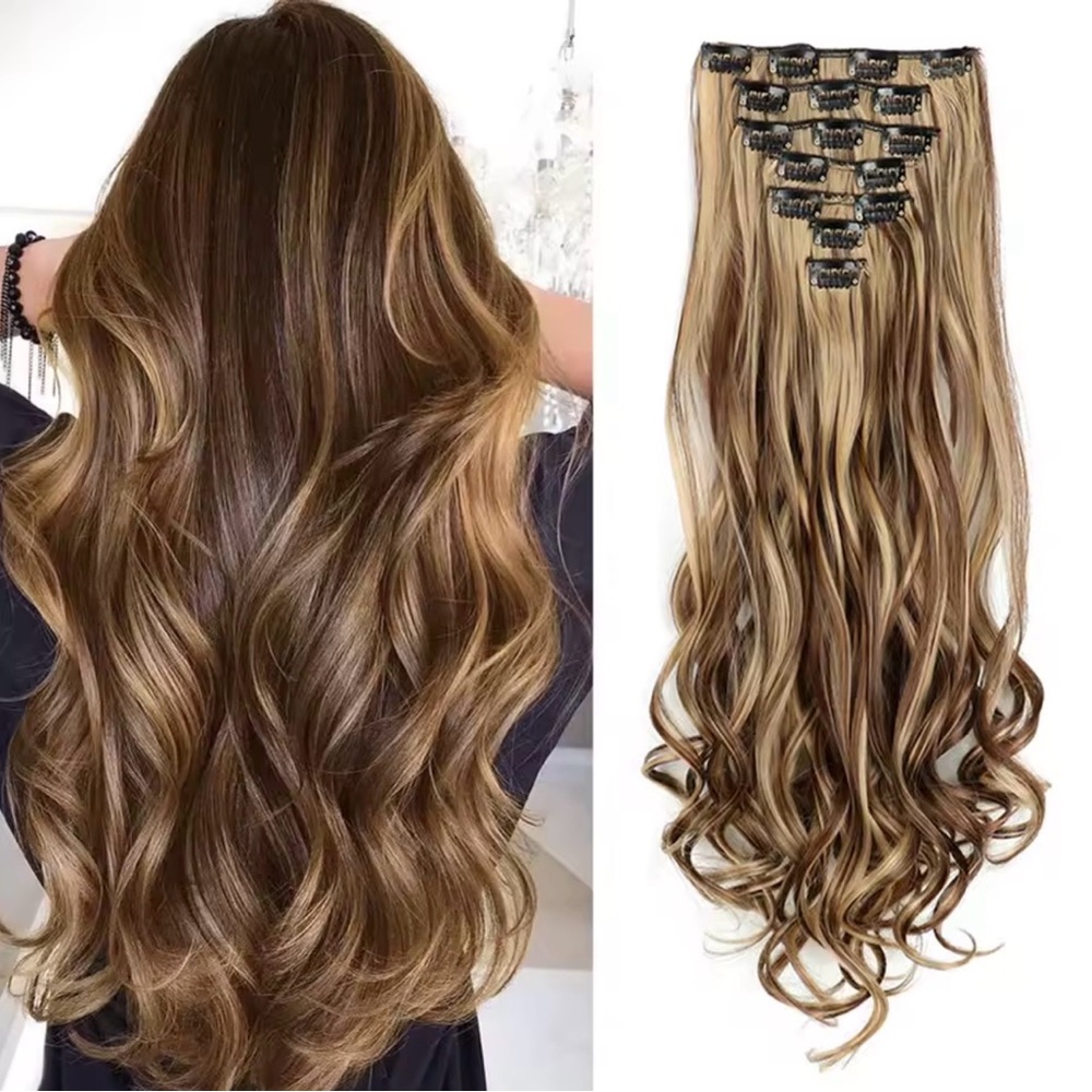 Gorgeous 7 Clips Brown Highlighted Hair Extensions Long 22 Inches
